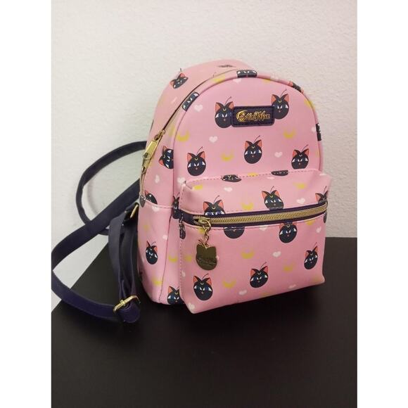 Loungefly Sailor Moon Backpack Luna P Cat Pink Mini Charm Faux Leather Pockets